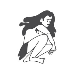 Man with ling hair squatting isolated on white background.