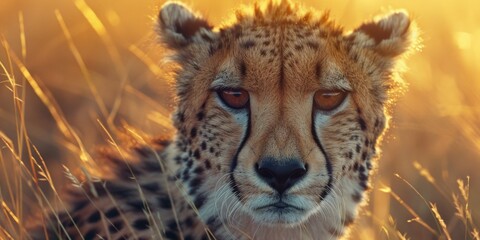 Obraz premium Golden Gaze of a Cheetah on the African Savannah: Capturing the Majesty of Wildlife, Nature's Predator, and Human Connection. High-Resolution AI-Generated Wallpaper Background.