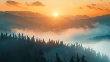 Fototapeta premium majestic sunrise over misty mountain landscape breathtaking nature scenery