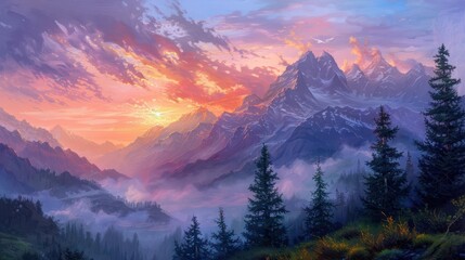majestic sunset casting vibrant hues over misty mountain peaks oil painting on canvas