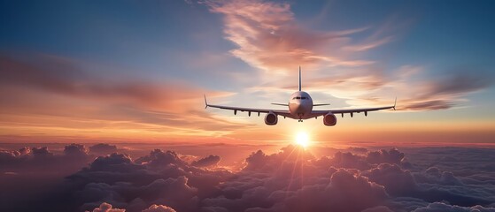 Commercial airplane flying above dramatic clouds during sunset
