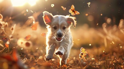 A playful puppy chasing butterflies in a meadow ar 149 2 dog, chihuahua, pet, animal, puppy, cute, white, canine, isolated, small, mammal, breed, brown, purebred, portrait, sitting, adorable, funny, w