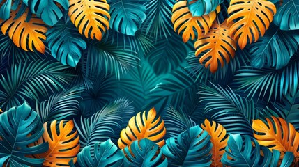 Fototapeta premium Vibrant tropical leaves in shades of blue and gold create a lush, textured background. Perfect for summer, nature, and design projects.