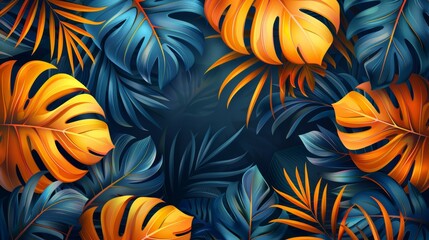 Vibrant tropical leaves in shades of blue and orange create a lush, exotic background.  Perfect for summer, vacation, or nature themes.