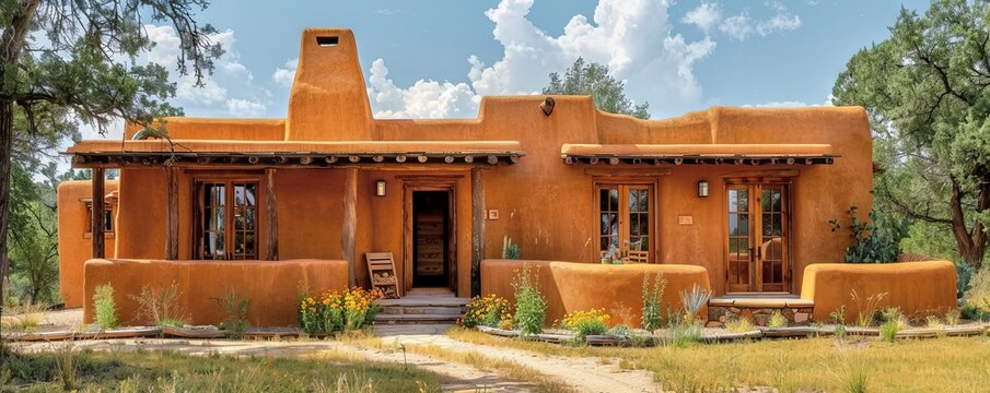 Traditional pueblo revival house with adobe walls.