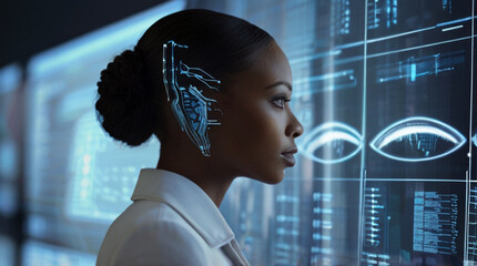 Futuristic portrait of IT specialist analysing data on transparent screen in front of her, information  AI technology, cyber security concept