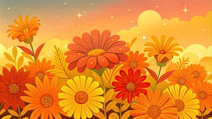 Obraz premium A field of bright orange and yellow flowers in full bloom.