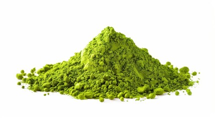 matcha tea powder vibrant green heap isolated on white background cutout photo