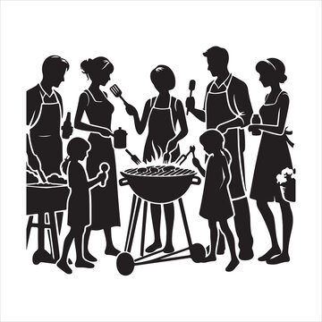 family grilling barbecue black and white clip art preview