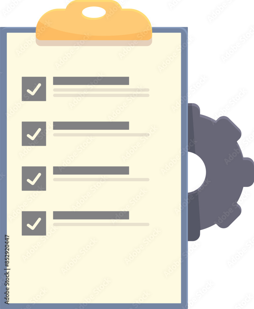 Poster clipboard showing check marks representing project management with gear icon for development process