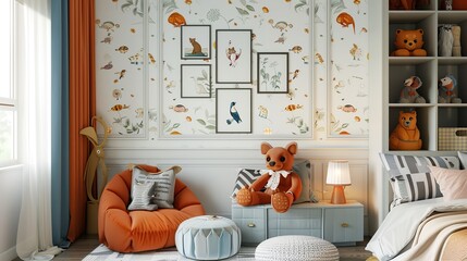 Stylish bedroom for kids with unique wall decorations and blank picture frames