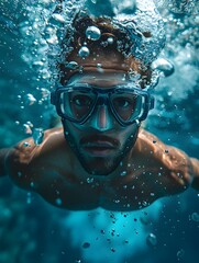 Fototapeta premium Graceful Diver Performing Intricate Mid-Dive Pose in Vibrant Aquatic Competition