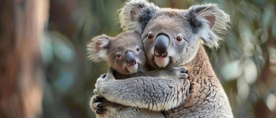Fototapeta premium A sweet koala baby hugging its mother