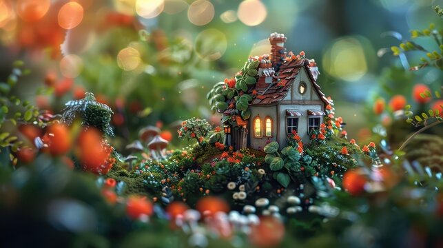 miniature fanciful microlandscape with whimsical elements surreal tiny world creative digital art