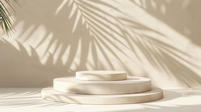 Minimal Geometric Podium Display With Cream Backdrop Palm Leaf Shadows Modern Product Showcase 3d Render