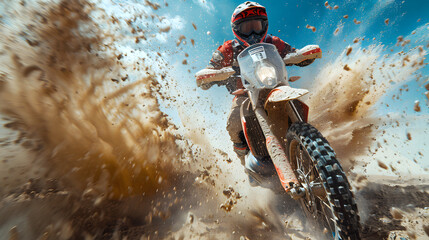  A off road moto cross type motor bike in mid air during a jump with a dirt trail