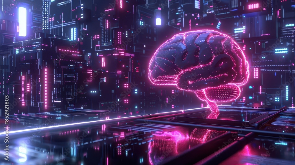Poster futuristic ai electronic brain with metallic neural data storage and neon lights artificial intellig