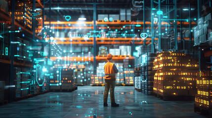 Digital warehouse with brilliant data visualization and icons of digital elements