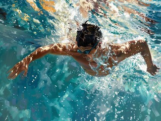 Man swimming freestyle in a pool with sunlight reflecting off the water