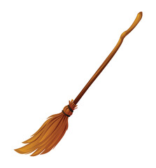 Classic witch broom with long wooden handle and brown bristles. Vector cartoon illustration isolated on white background.