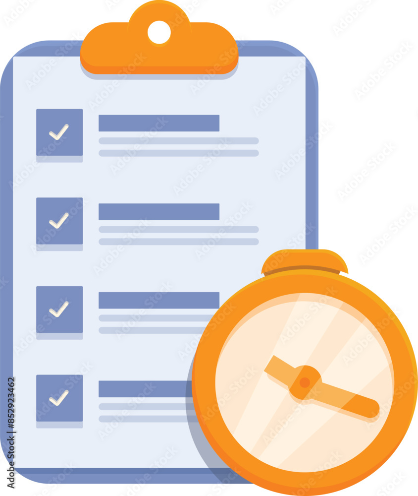 Poster clipboard is showing a completed checklist and a clock is measuring the working time