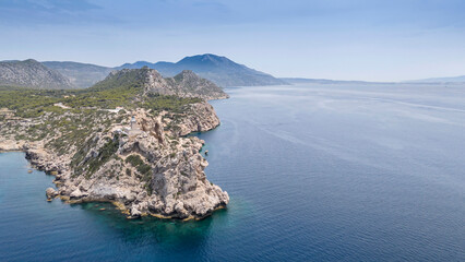 Aerial drone photo of beautiful and picturesque cape Melagavi forming a small peninsula with unique...