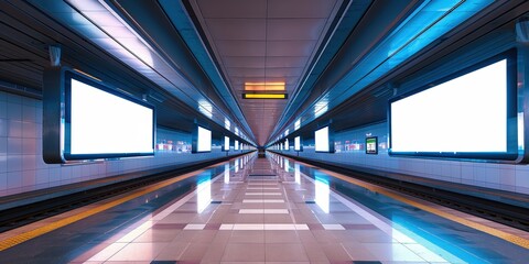 Empty Subway Station with Blank Advertisement Screens