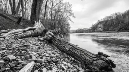 A photograph showing driftwood and rocks on a riverbank in black and white captured during a chilly autumn morning