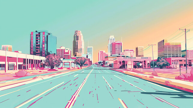 Risograph print travel poster illustration of Lubbock, Texas, modern, isolated, clear, simple. Artistic, stylistic, screen printing, stencil, stencilled, graphic design. Banner, wallpaper