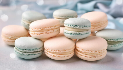 Delicious pastel macarons on table. French dessert. Sweet and tasty food.