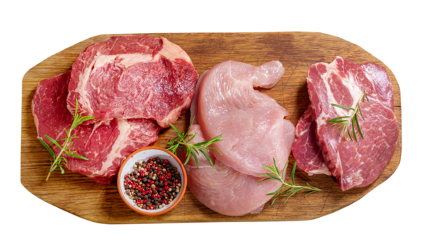 Various fresh meat with rosemary on wooden board isolated on transparent background, top view