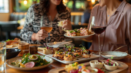 Obraz premium A warm telephoto angle capture of a couple enjoying gourmet appetizers in an ambiently lit restaurant, environmental scientists, engineers, activists working, environmental conserv