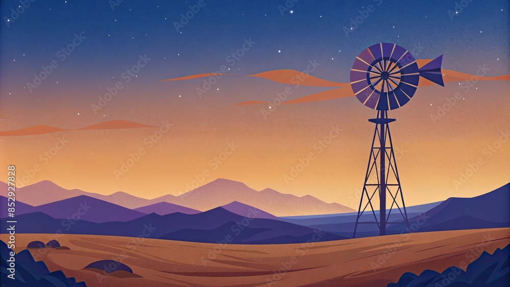 Poster A windmill standing tall in a serene desert landscape at sunset.