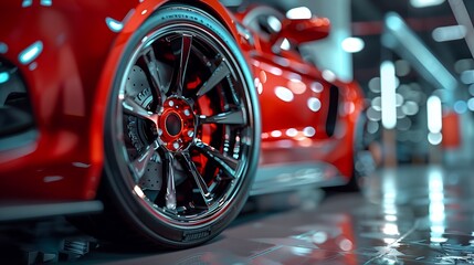 A close-up view of the luxury car's alloy wheels and brake calipers, emphasizing the precision engineering and stylish design