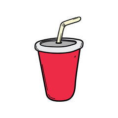 Hand drawn cartoon red paper cup with straw on white background.