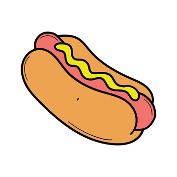 Hand drawn cartoon hot dog on white background. Fast food, junk food.