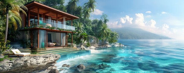 Tropical beach house with an ocean view.
