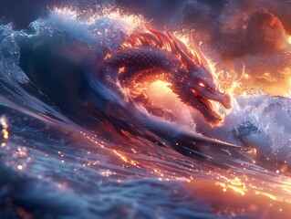 Fiery Dragon Riding a Liquid Light Wave in the Surreal Ocean