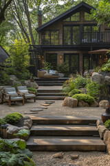 Photography of new stunning inviting garden and garden furniture. High-key, use perspective, depth, architectural digest