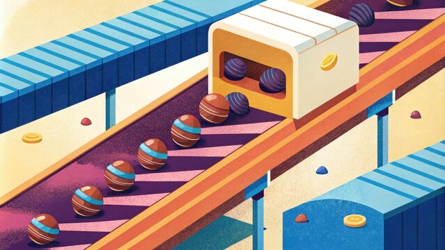 A factory conveyor belt producing chocolates.