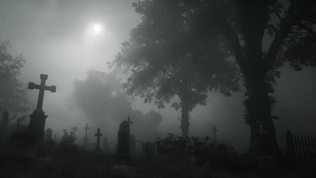The restless spirits of the cemetery howl and moan their cries muffled by the thick swirling fog.