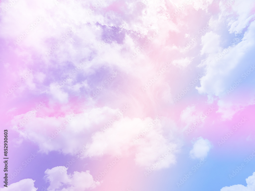 Wall mural beauty sweet pastel orange and blue colorful with fluffy clouds on sky. multi color rainbow image. a