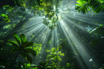 Sunbeam streaming through lush green jungle foliage, creating a magical and serene forest atmosphere, perfect for nature and travel themes.