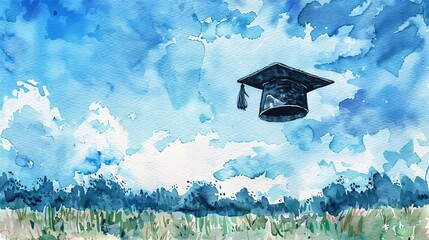 A watercolor painting of a graduation cap floating in the sky