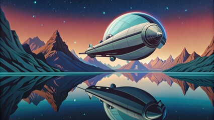 A futuristic aircraft flying over a mountainous landscape.