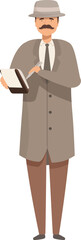 Detective character wearing hat and coat taking notes in notebook, solving crime and finding criminals