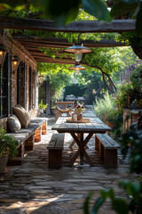 Fototapeta premium Photography of new stunning inviting garden and garden furniture. High-key, use perspective, depth, architectural digest