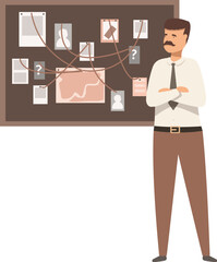 Detective is contemplating an evidence board, seeking connections and insights to solve a case