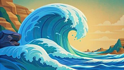 A powerful wave crashing against the shore.