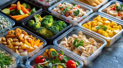Obraz premium Vegetarian lunch boxes with a variety of fresh vegetables, rice and sauces. Healthy eating for an active lifestyle. Colorful and delicious lunches with broccoli, carrots, zucchini, tofu and beans
